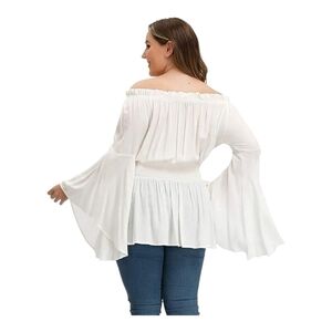 Hanna Nikole Women's Plus Size  Blouse Off Shoulder Trumpet Sleeve Peasant Top